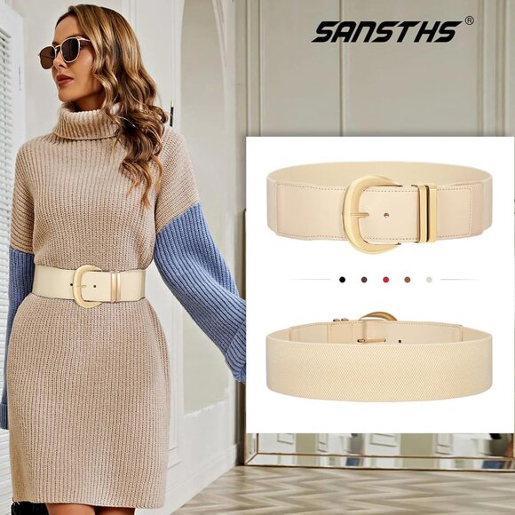 ⚡Golden Women Wide Elastic Waist Belt for Dresses Fashion Gold Buckle Stretchy - Picture 3 of 7